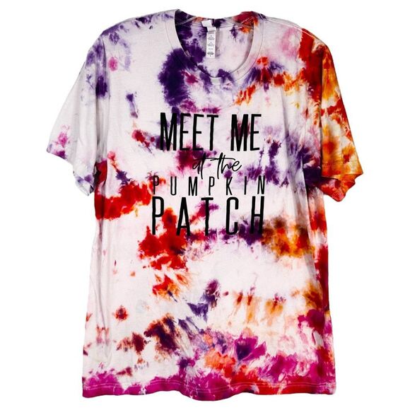 Meet Me at the Pumpkin Patch Large Tee Tie Dye Handmade Purple Orange 1317 - Picture 1 of 12